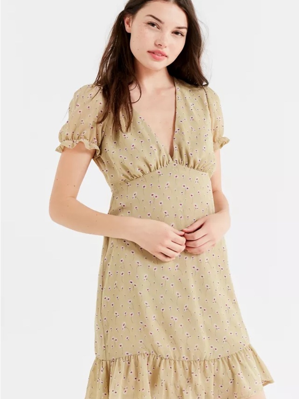 Urban Outfitters Olive Floral V-Neck Ruffle Sleeve Dress